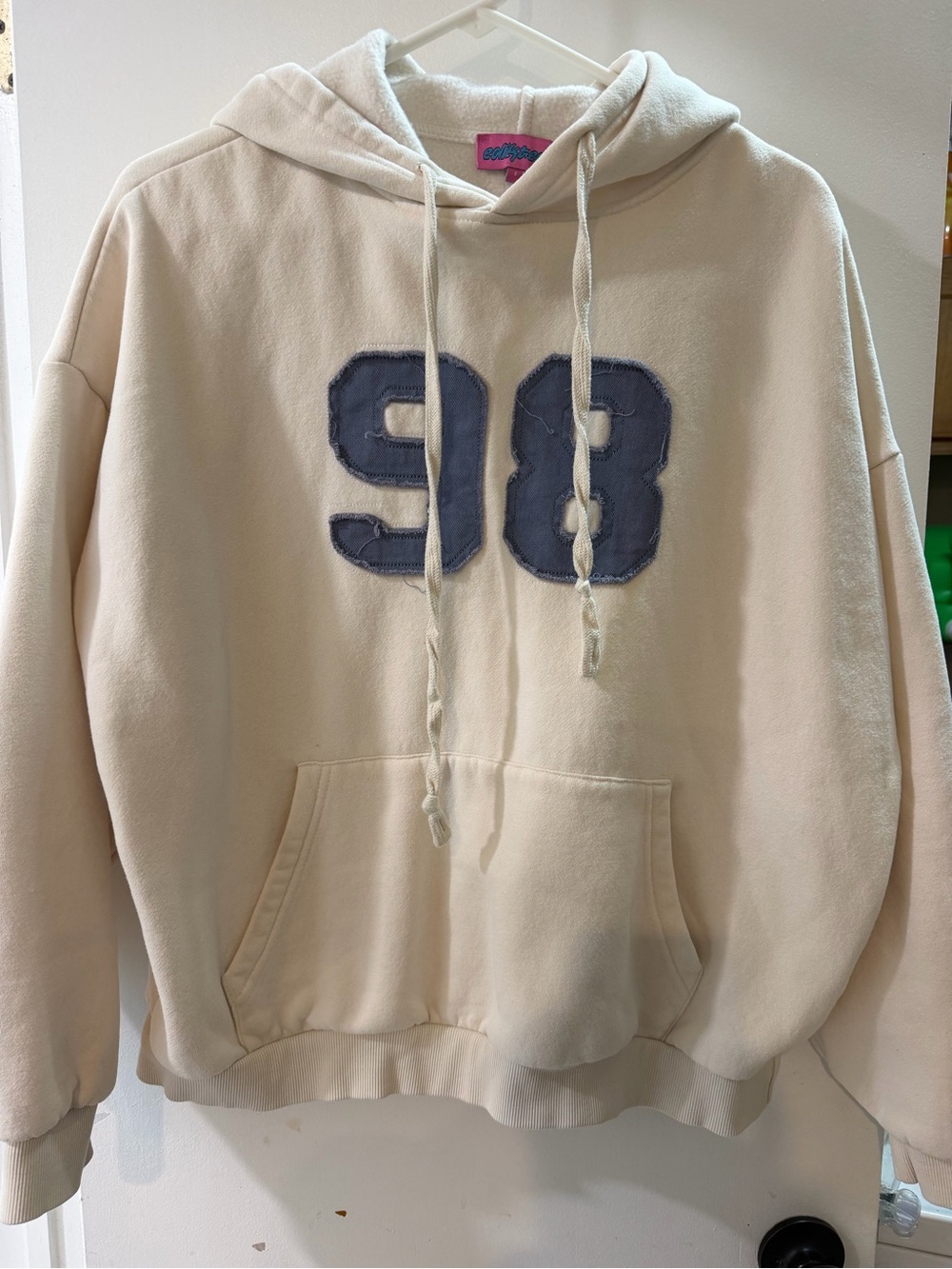 Edikted Cream Teddy Hoodie with Navy '98' Patch